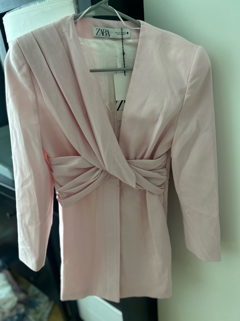Zara Light Pink Draped Knot-Front Long Sleeve Dress